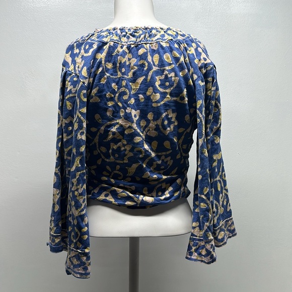 Free People On the Block Bell Sleeve Top Blouse Shirt Pure Cotton Boho Blue XS - Picture 7 of 11